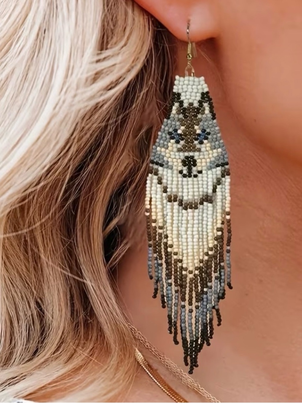 Handmade Bead Fringe Wolf Earrings in Cream, Brown & Gray